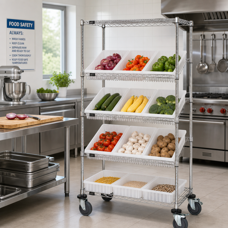 Product image #2 for Quantum Mobile Wire Shelving Bin System with 12 Clear Bins, Chrome Plated, 36W x 18D x 63H