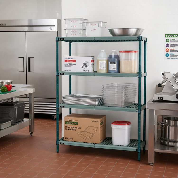 Product image #2 for Quantum 4-Tier Stationary Wire Plastic Mat Shelving Unit, 48"W x 14"D x 63"H, Green Epoxy Coated