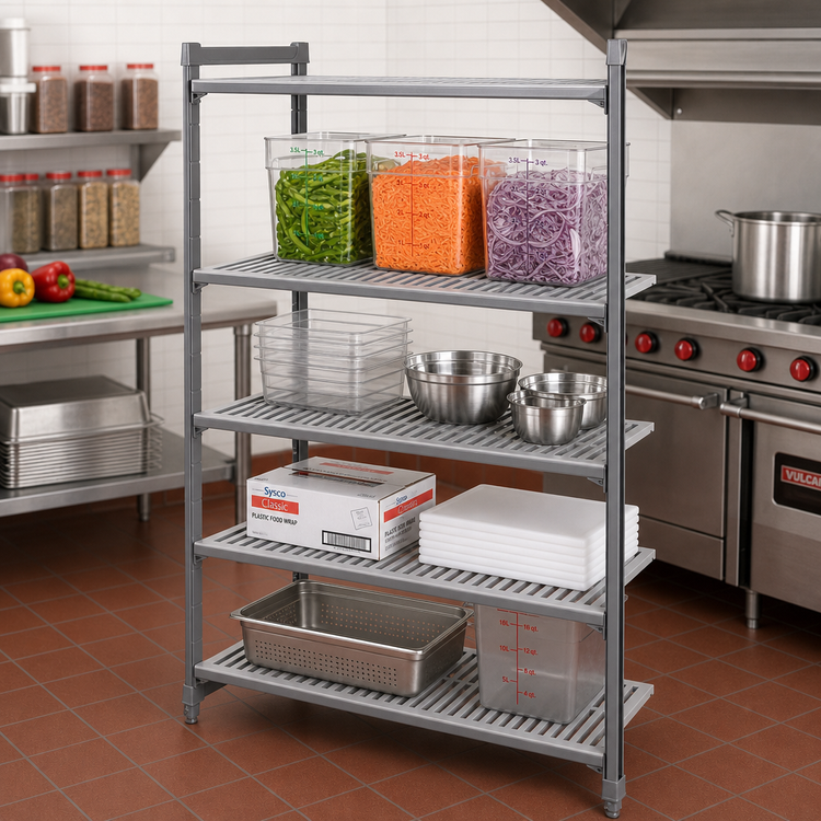 Product image #2 for Cambro Camshelving Basics Plus 4-Shelf Stationary Polymer Shelving Starter Unit, 36-Inch W x 24-Inch D x 64-Inch H, Vented, Brushed Graphite