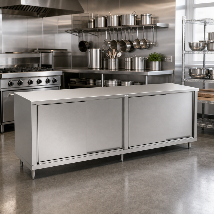 Product image #2 for John Boos 96-Inch x 24-Inch Stainless Steel Cabinet Base Work Table with Sliding Doors