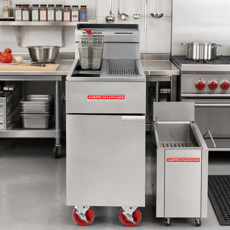 Product image #2 for American Range AF-25/DS Floor Model Gas Tube Fryer with Dump Station, 25 lb Capacity