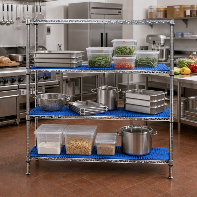 Product image #2 for QuadPlus Solid Polymer Shelf Mat, 72 x 21 Inches, Blue, Chrome Wire Frame
