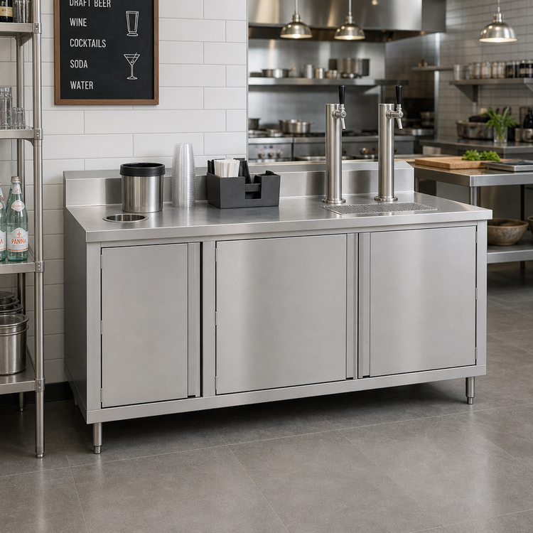 Product image #2 for John Boos Stainless Steel Beverage Unit Cabinet Base Work Table with Hinged Doors, 48 x 36 Inches, 5-Inch Backsplash, Left Trash Chute