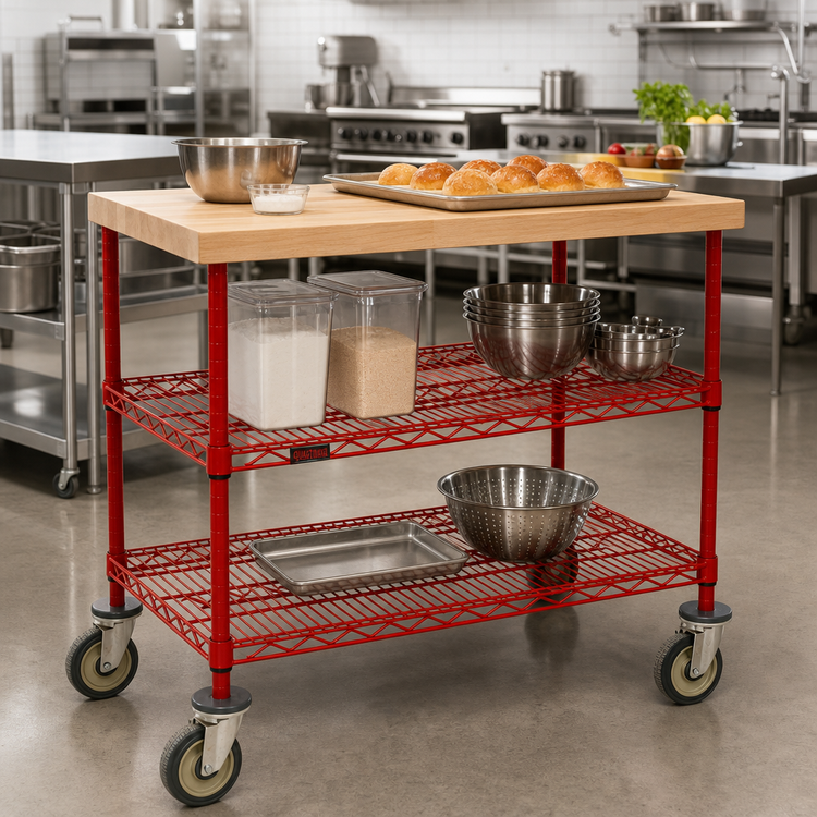 Product image #2 for QuadTruss Maple Top Demo Cart, 48 Inch x 24 Inch, 3-Tier, Red Epoxy Finish