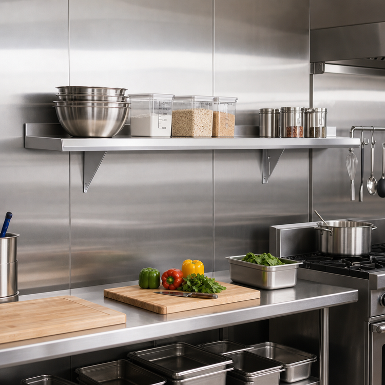 Product image #2 for Advance Tabco 132" x 10" Wall-Mounted 304 Stainless Steel Shelf, 16 Gauge, Satin Finish
