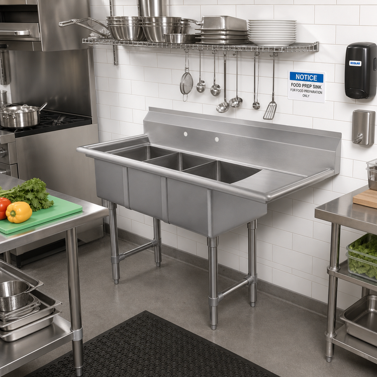 Product image #2 for Heavy-Duty Three-Compartment Stainless Steel Convenience/Deli Sink with Right Drainboard, 44.5 x 19.5 x 41 Inches