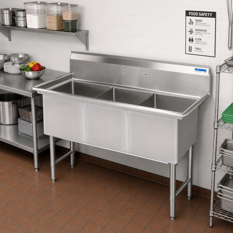 Product image #2 for BK Resources Commercial Three-Compartment Stainless Steel Sink, 59-1/8 x 23-1/2 x 44-1/16 Inches