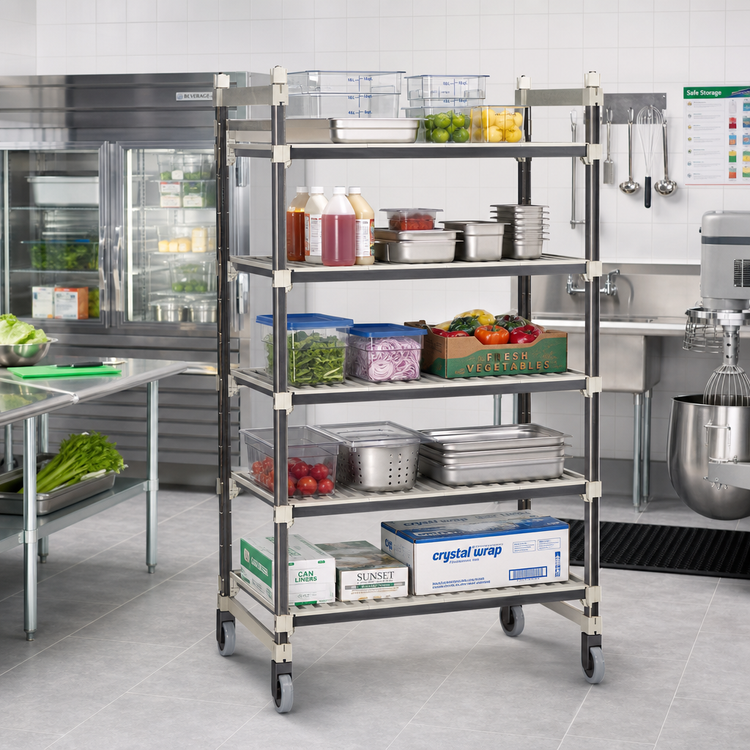 Product image #2 for Cambro Camshelving Elements XTRA High Density Top Rail Mobile Starter Unit, 24 x 36 x 80-Inch, 5-Tier Overhead Track Shelving