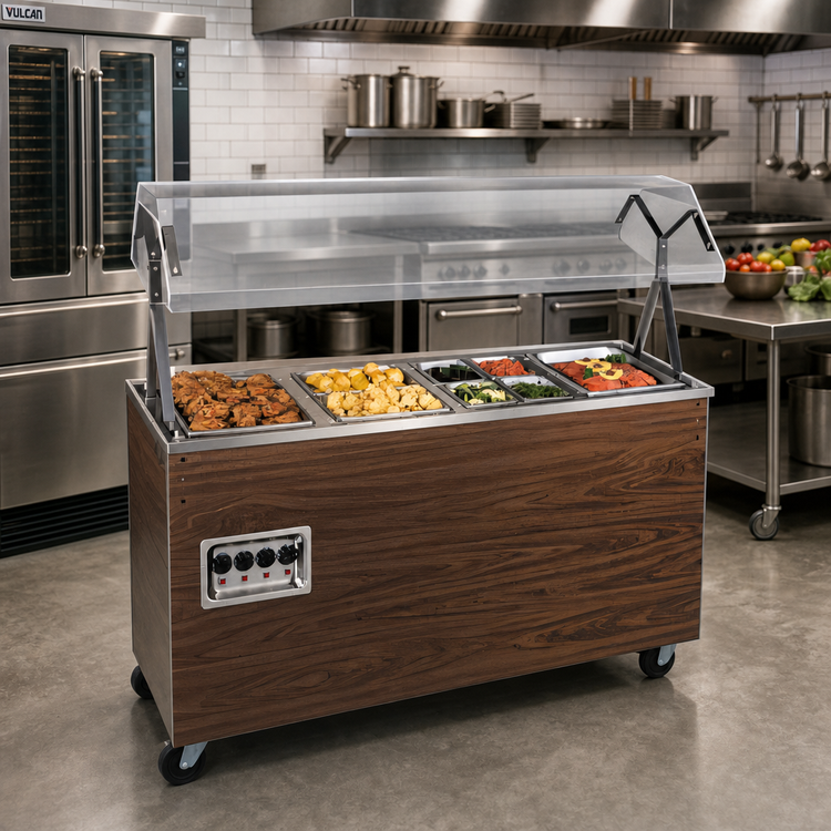 Product image #2 for 2-Series Affordable Portable 4-Well Mobile Hot Food Station with Buffet Breath Guard, Cherry Woodgrain Base, 120V