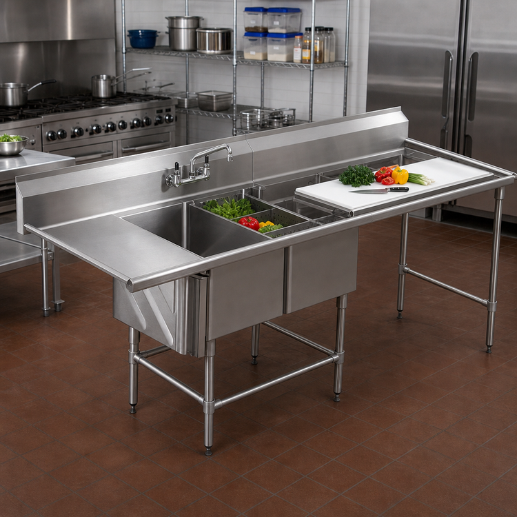 Product image #2 for Spec-Master FNP2840-2-24L-48TR Two-Compartment Stainless Steel Prep Sink with Left Drainboard and Prep Area