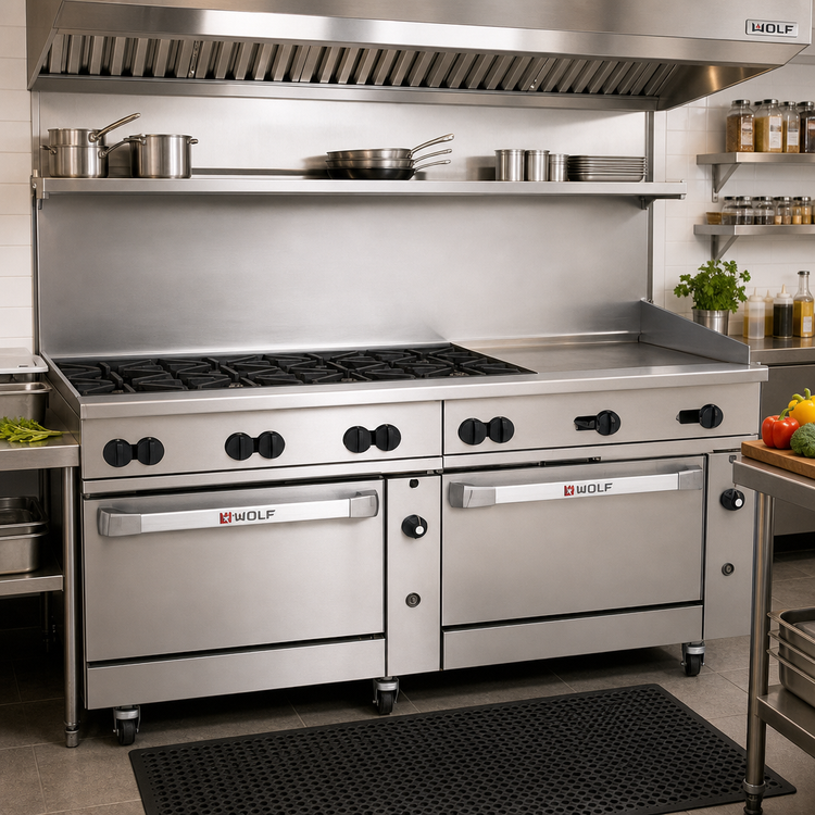 Product image #2 for Wolf Challenger XL 72-Inch Gas Restaurant Range with 8 Open Burners, 24-Inch Thermostatic Griddle, Standard Oven, and Convection Oven