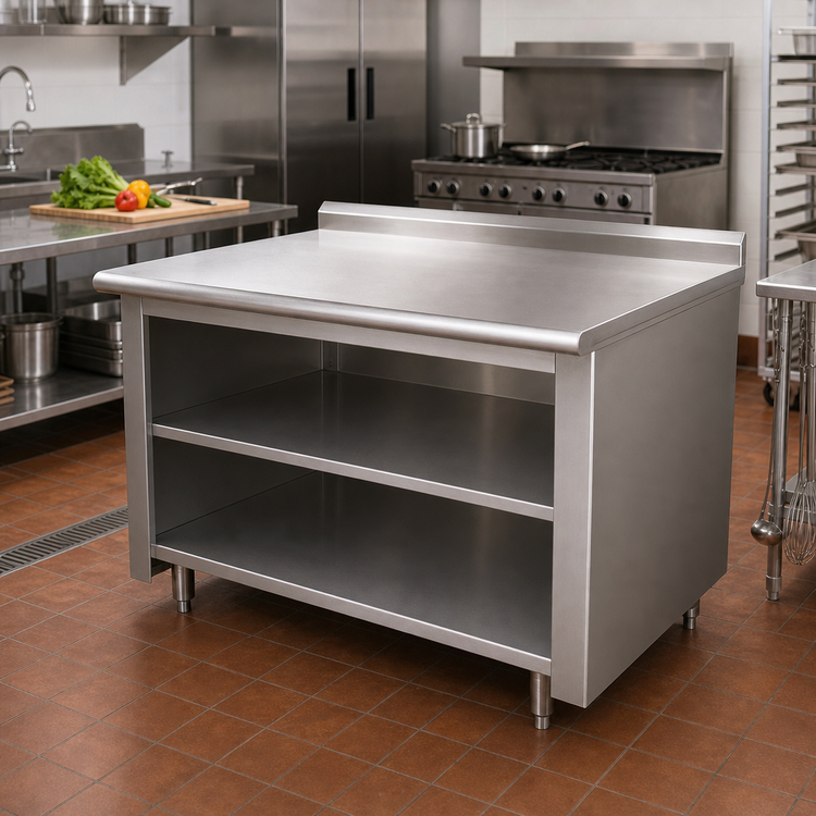 Product image #2 for Advance Tabco 72-Inch x 36-Inch 14-Gauge 304 Stainless Steel Work Table with Open Front Cabinet Base and Rear Up-Turn