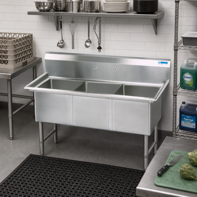 Product image #2 for BK Resources 3-Compartment Stainless Steel Sink with 10-Inch Backsplash, 53-1/8 Inch Wide