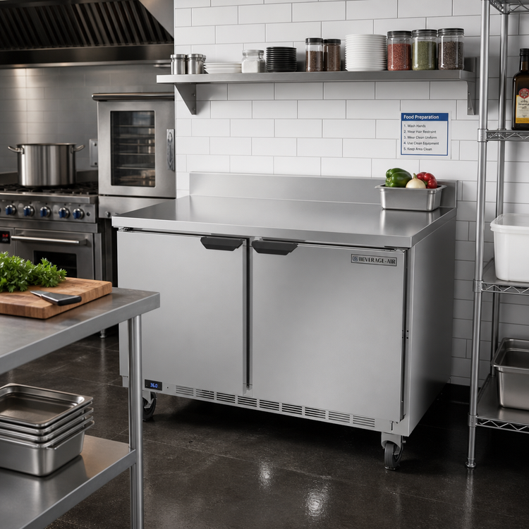 Product image #2 for Beverage-Air WTR48AHC-FIP 48-Inch Two-Section Worktop Refrigerator with Solid Doors and Foamed-In-Place Backsplash