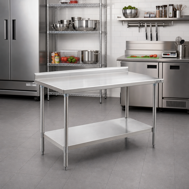 Product image #2 for Eagle Group Budget Series 30 Inch Square Stainless Steel Work Table with 4-1/2 Inch Backsplash and Undershelf