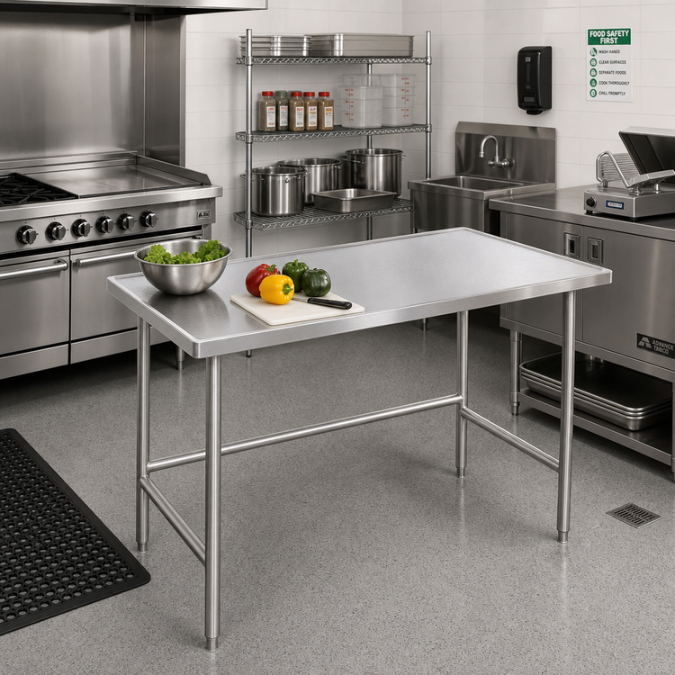 Product image #2 for Advance Tabco 48 Inch x 24 Inch 14-Gauge 304 Stainless Steel Work Table with Open Base and Marine Edge