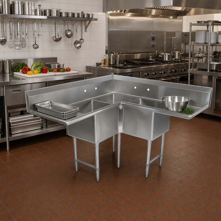 Product image #2 for John Boos B Series 3-Compartment Corner Sink with Dual 18-Inch Drainboards