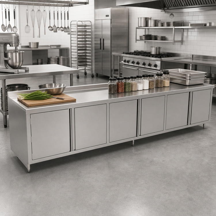 Product image #2 for John Boos Enclosed Cabinet Base Work Table with Hinged Doors, 144 x 24 Inches, 16-Gauge Stainless Steel Top