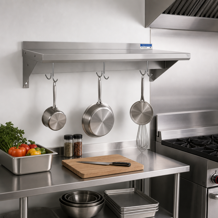Product image #2 for BK Resources Premium T-304 Stainless Steel Wall-Mount Pot Rack Shelf with Hooks, 24 x 12 Inches