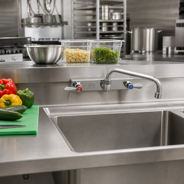 Product image #2 for BK Resources Evolution Splash-Mounted Commercial Faucet with 8-Inch Centers and 10-Inch Swing Spout
