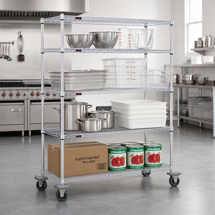 Product image #2 for Eagle Group 4-Tier Chrome Dolly Truck with 60 x 24 Inch Wire Shelves