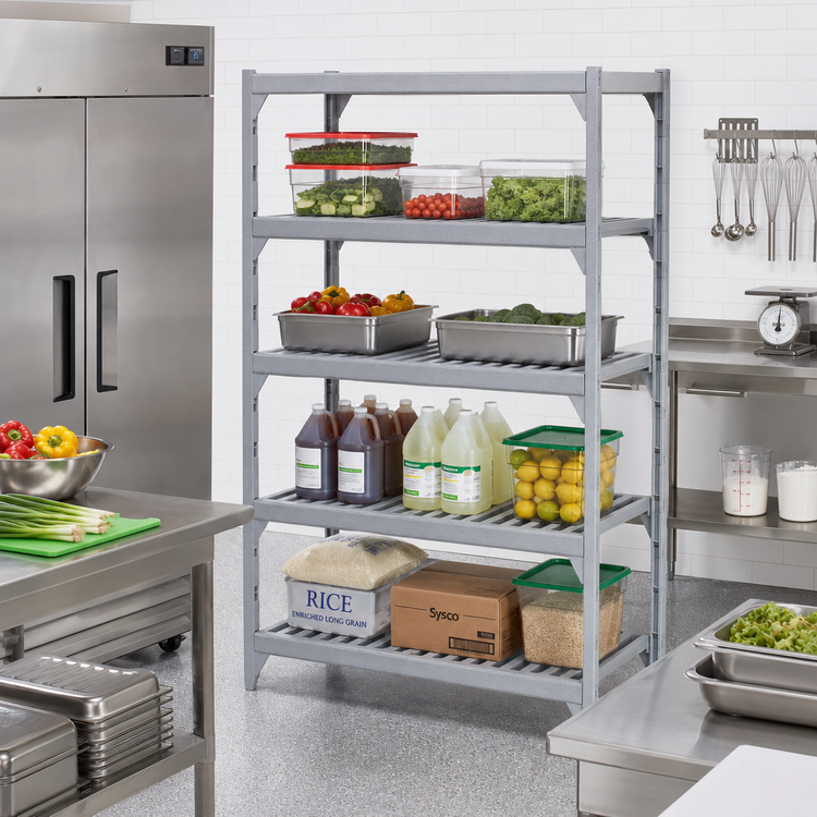 Product image #3 for Cambro Camshelving Premium 21-Inch Deep x 54-Inch Long 4-Shelf Vented Shelf Kit, Speckled Gray
