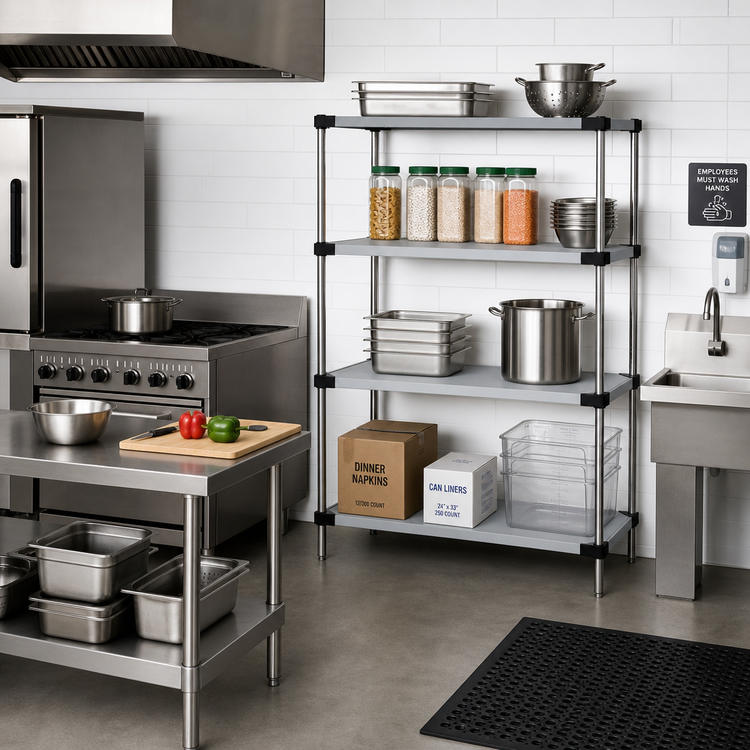 Product image #2 for Quantum 4-Shelf Stationary Solid Stainless Steel Shelving Starter Kit, 36 x 14 x 63 Inches