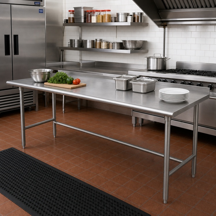 Product image #2 for Advance Tabco 144-Inch x 24-Inch Open Base Stainless Steel Work Table, 14-Gauge 304 Top, 1-1/2-Inch Rear Splash