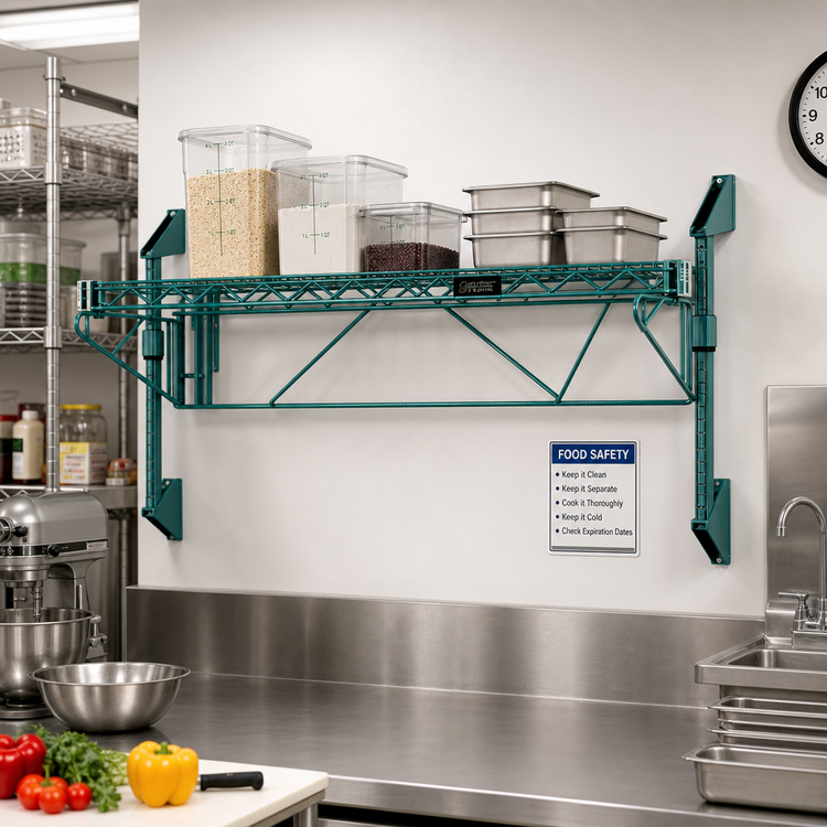 Product image #2 for Quantum Single-Shelf Wall-Mount Cantilever Wire Shelving Unit, 48 x 21 Inches, Green Epoxy Finish