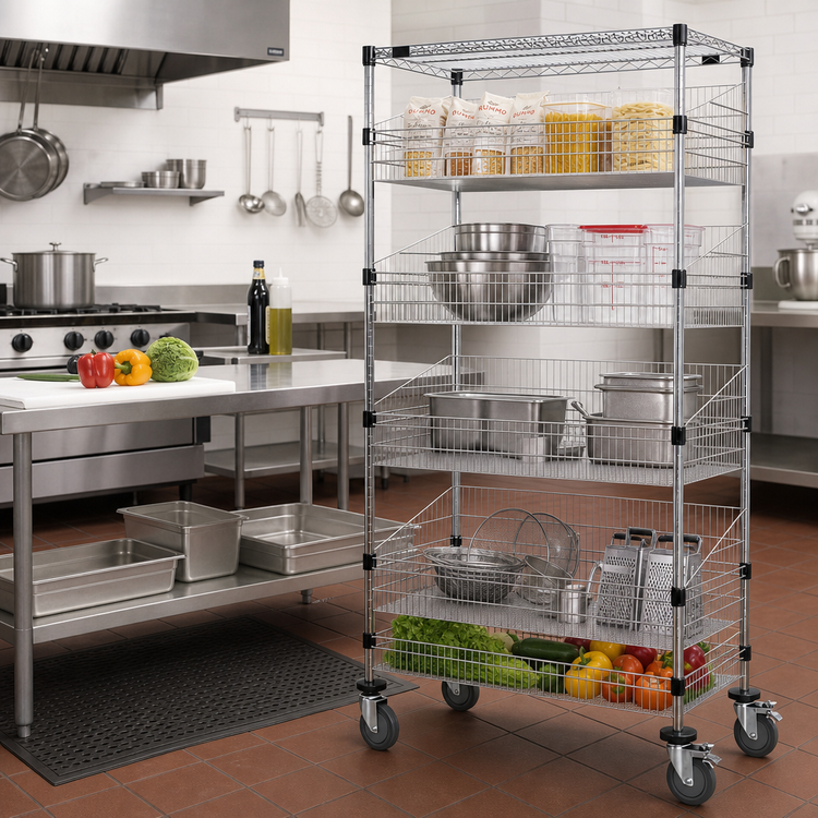 Product image #2 for Quantum 48-Inch-Wide Post Basket Cart with 1 Wire Shelf, 1 Solid Shelf, and 5 Baskets
