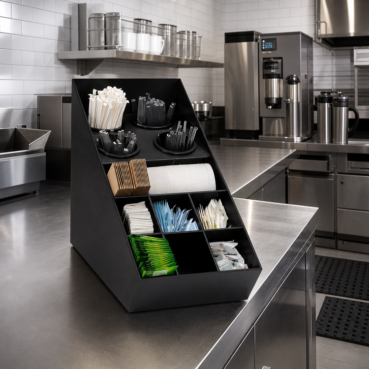 Product image #2 for Black Polystyrene 13-Compartment Tabletop Silverware and Condiment Organizer