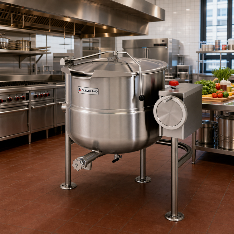 Product image #2 for Cleveland Range KDL40T 40-Gallon Direct Steam Tilting Kettle with Open Tri-Leg Base