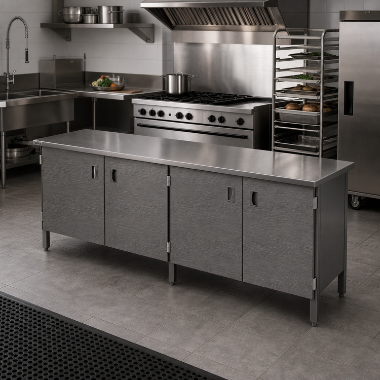 Product image #2 for John Boos 96 x 24 Inch Enclosed Base Work Table with Hinged Doors and 16-Gauge Stainless Steel Top