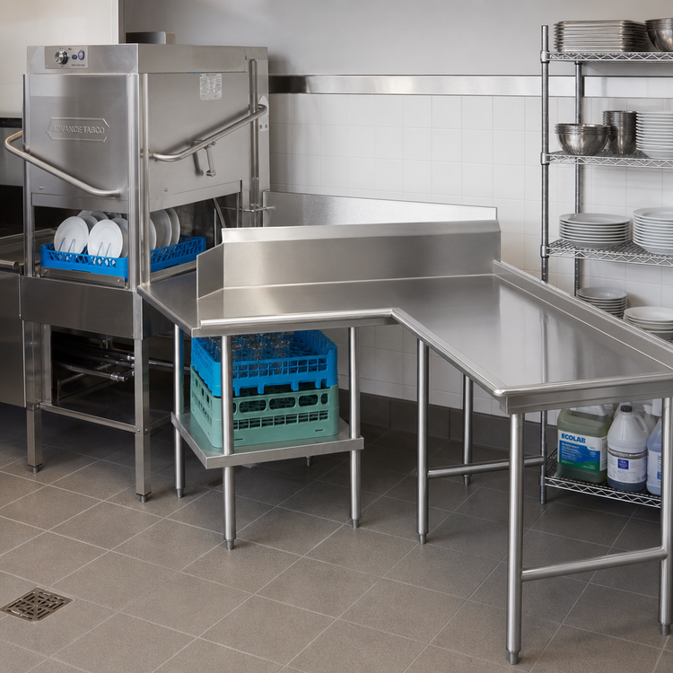 Product image #2 for Advance Tabco Island L-Shaped Clean Dishtable, Right-Side Attachment, 107-Inch, 304 Stainless Steel