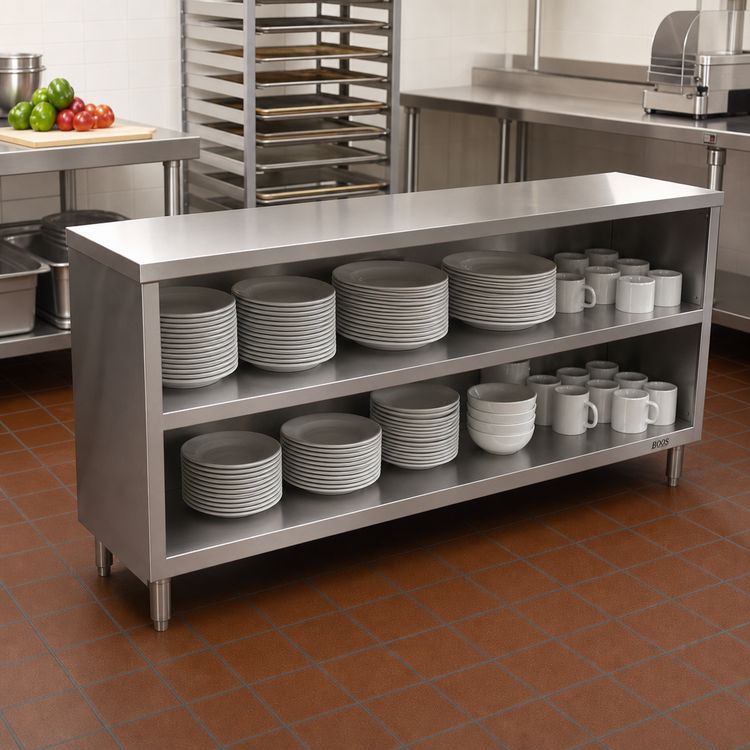 Product image #2 for John Boos 120-Inch x 15-Inch Open Front Dish Storage Cabinet with Open Base and Stainless Steel Mid-Shelf