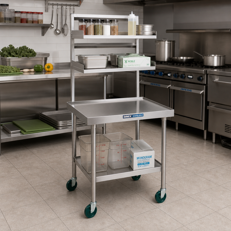Product image #2 for Dinex Mini Starter Workstation Mobile Stainless Steel Work Table, 30"W x 24"D, 14-Gauge Top, Overshelves and Undershelf