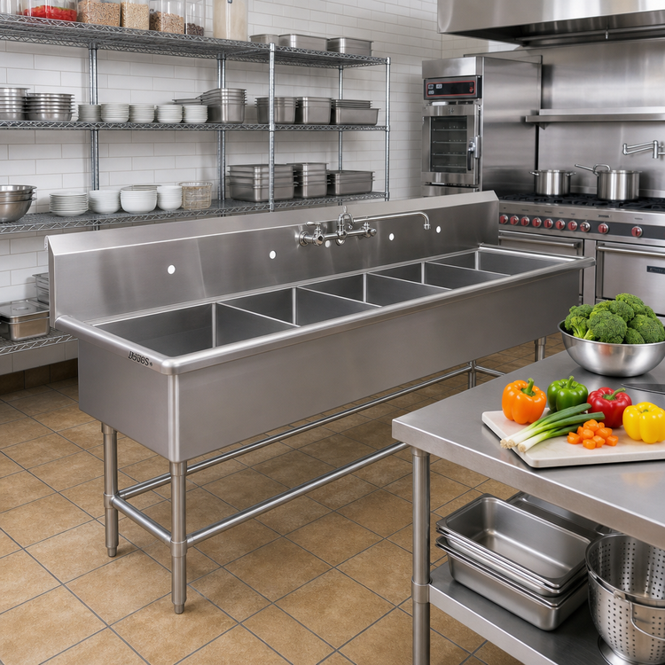 Product image #2 for John Boos Pro-Bowl 4-Compartment Stainless Steel Sink, 125-1/8" x 29-1/2", 14" Deep Bowls