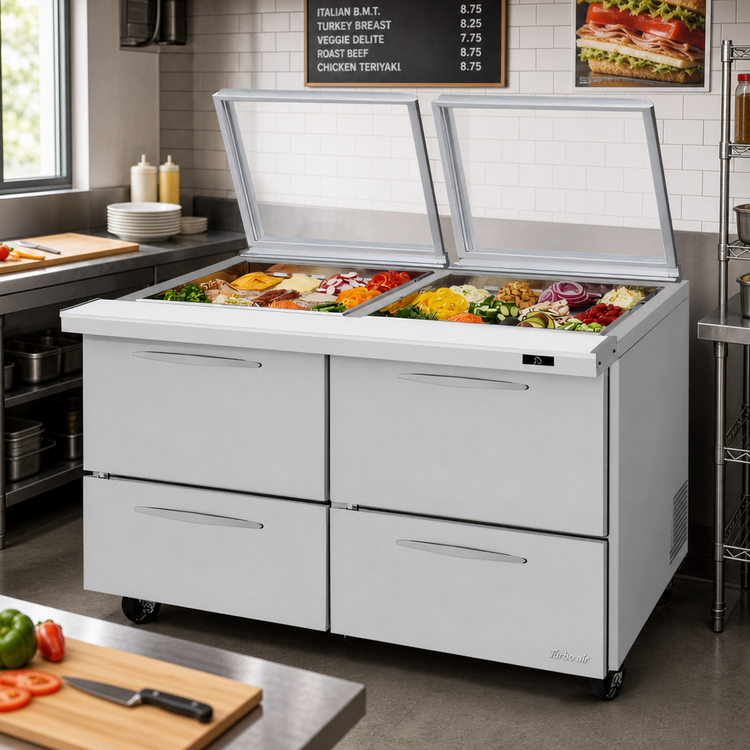 Product image #2 for Turbo Air PRO Series 2-Section Mega Top Sandwich/Salad Prep Table with Glass Lid, 4 Drawers, 24-Pan Capacity