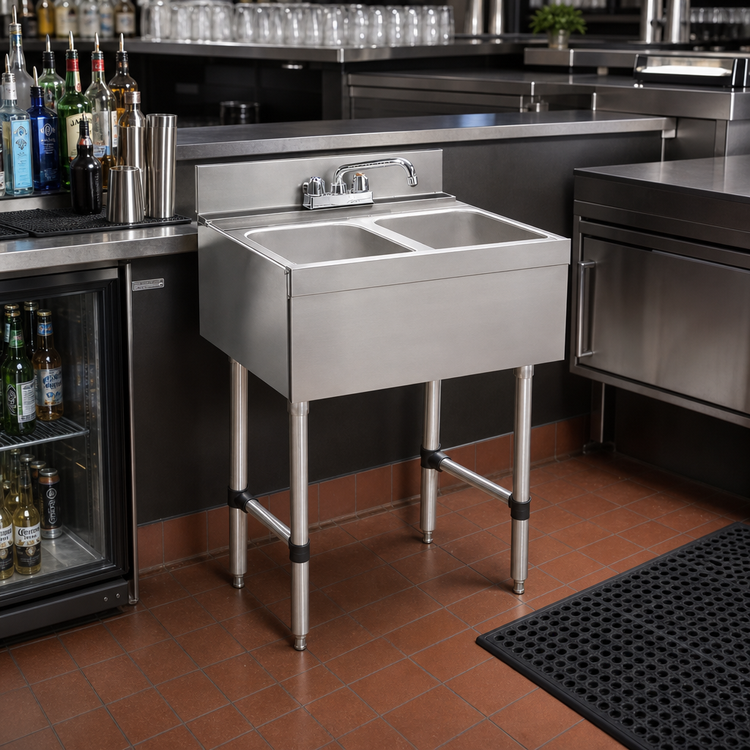 Product image #2 for Advance Tabco Underbar Basics 2-Compartment Stainless Steel Bar Sink with Deck-Mount Faucet, No Drainboards, 24-Inch Wide