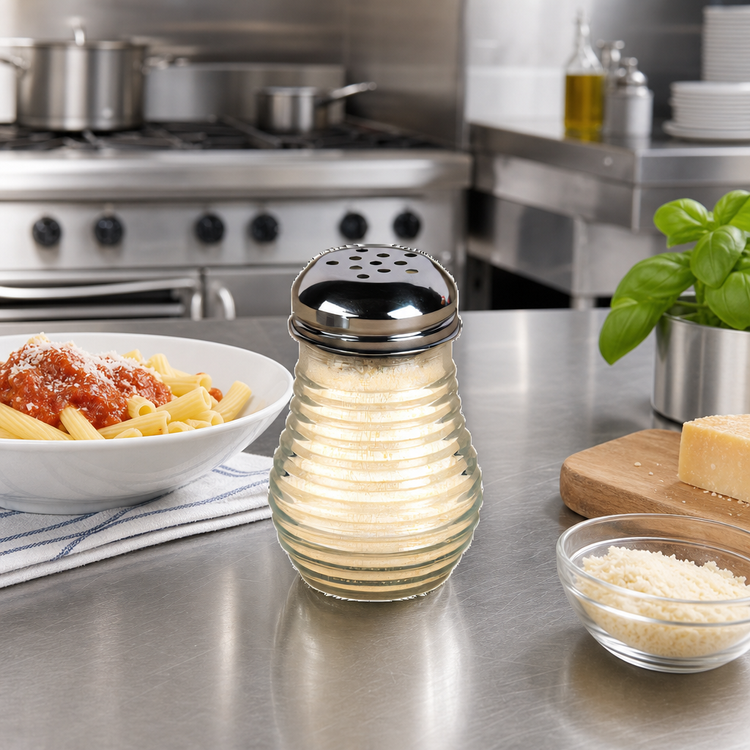 Product image #2 for American Metalcraft Clear 6 oz. Glass Beehive Cheese Shaker with Perforated Stainless Steel Top
