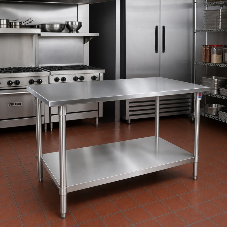 Product image #2 for John Boos Stallion 84-Inch x 30-Inch 16-Gauge 300 Series Stainless Steel Work Table with Safety Edge