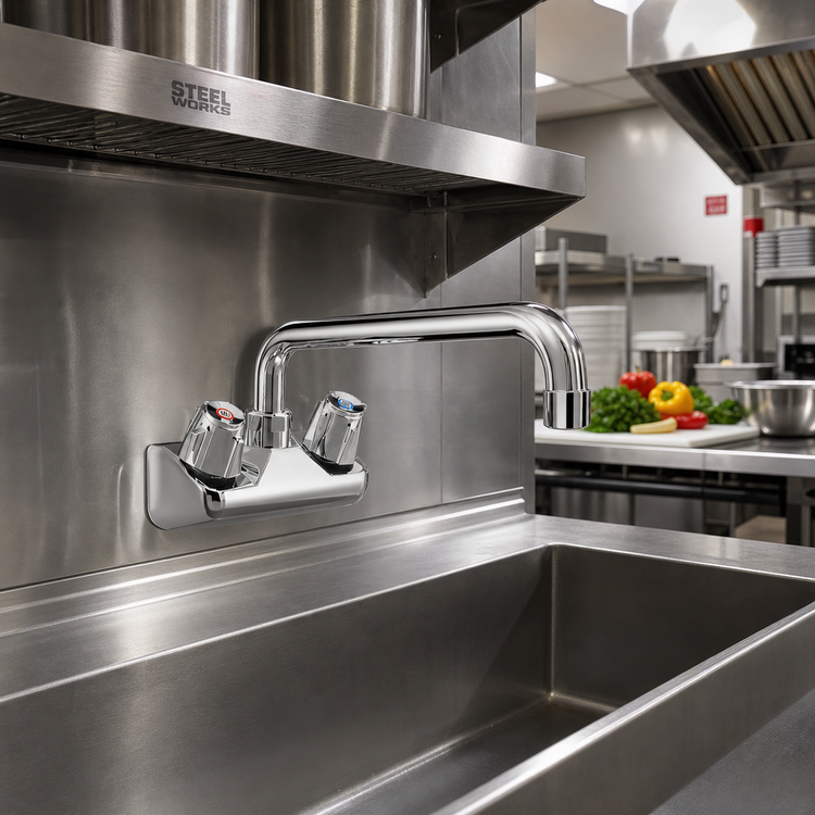Product image #2 for Steel Works Stainless Wall-Mount Commercial Faucet with 12-Inch Swing/Swivel Spout, 4-Inch Centers