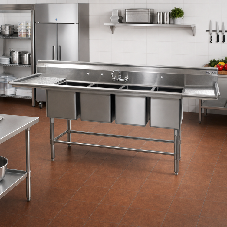 Product image #2 for Spec-Master FN2072-4-18-14/3 Four-Compartment Stainless Steel Commercial Sink with Left & Right Drainboards