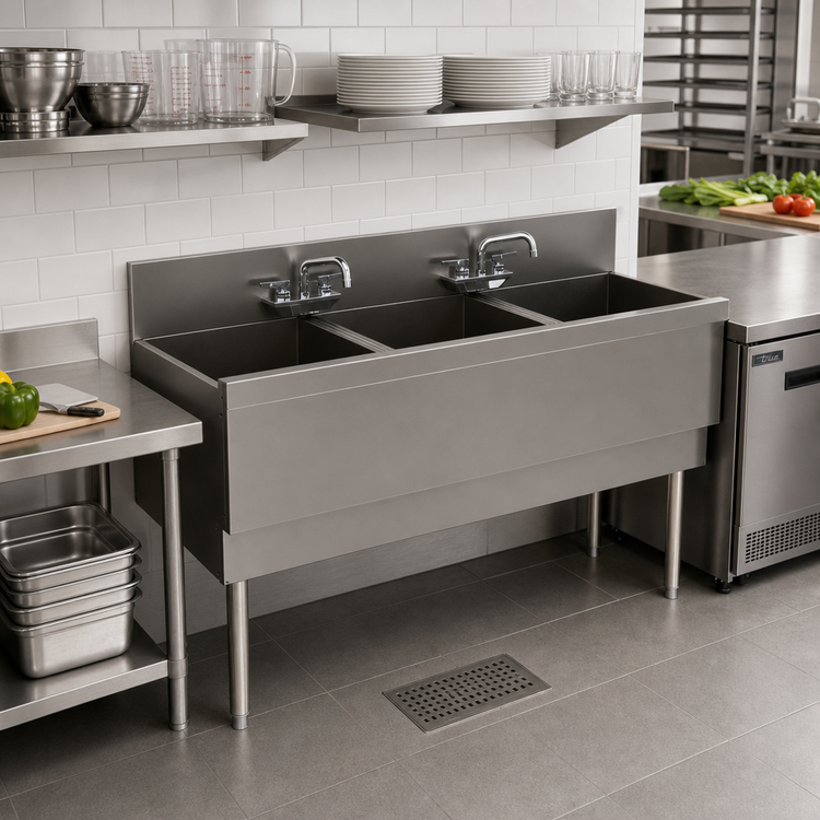 Product image #2 for Top Shelf TSF Series Extra-Capacity Three-Compartment Underbar Sink Unit, 54 Inch W x 24 Inch D, Stainless Steel