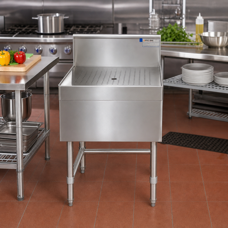 Product image #2 for Spec-Bar 24-Inch x 24-Inch Freestanding Stainless Steel Workboard with Perforated Insert, 8-Inch Backsplash, and 1-1/2-Inch Drain