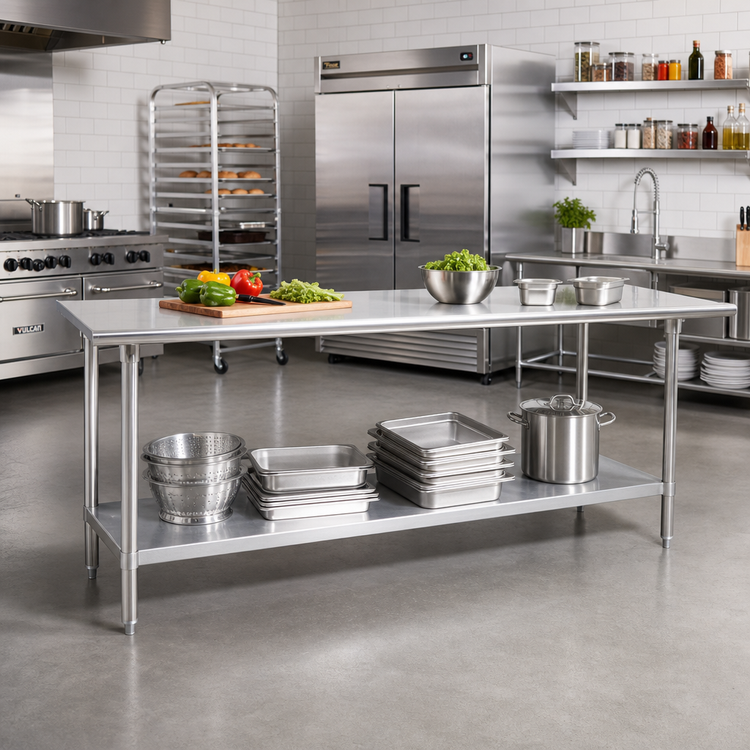 Product image #2 for Advance Tabco Stainless Steel Work Table with Adjustable Undershelf, 144-Inch W x 30-Inch D, 16-Gauge 430 Top