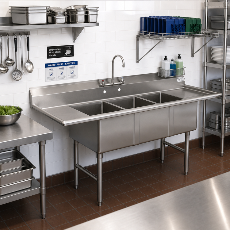 Product image #2 for Advance Tabco 3-Compartment Fabricated Sink with Left and Right Drainboards, 16 x 20 x 14-Inch Bowls, 304 Stainless Steel
