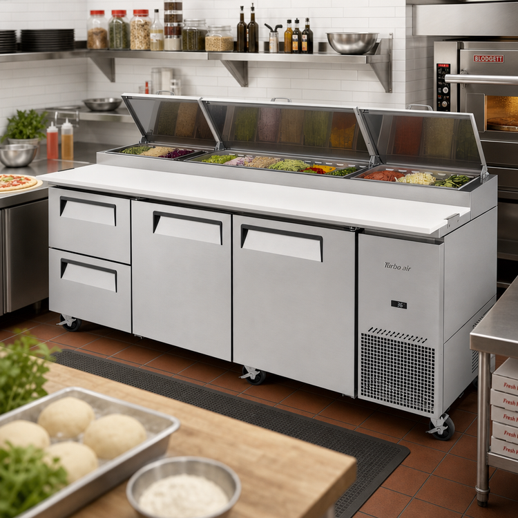 Product image #2 for Turbo Air Super Deluxe 93-Inch Three-Section Pizza Prep Table, 31 Cu. Ft., 2 Doors, 2 Drawers, Self-Cleaning Condenser