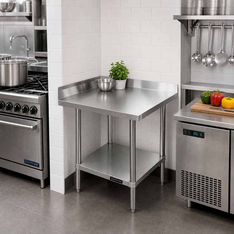 Product image #2 for Sapphire 30 Inch x 30 Inch Corner Stainless Steel Work Table with 5 Inch Backsplash and Open Undershelf