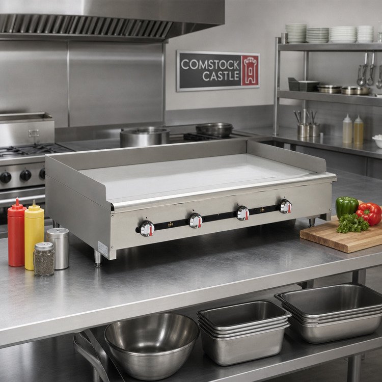 Product image #2 for Comstock-Castle 48-Inch Commercial Countertop Gas Griddle with Chrome Plated Cook Surface and Thermostat Controls